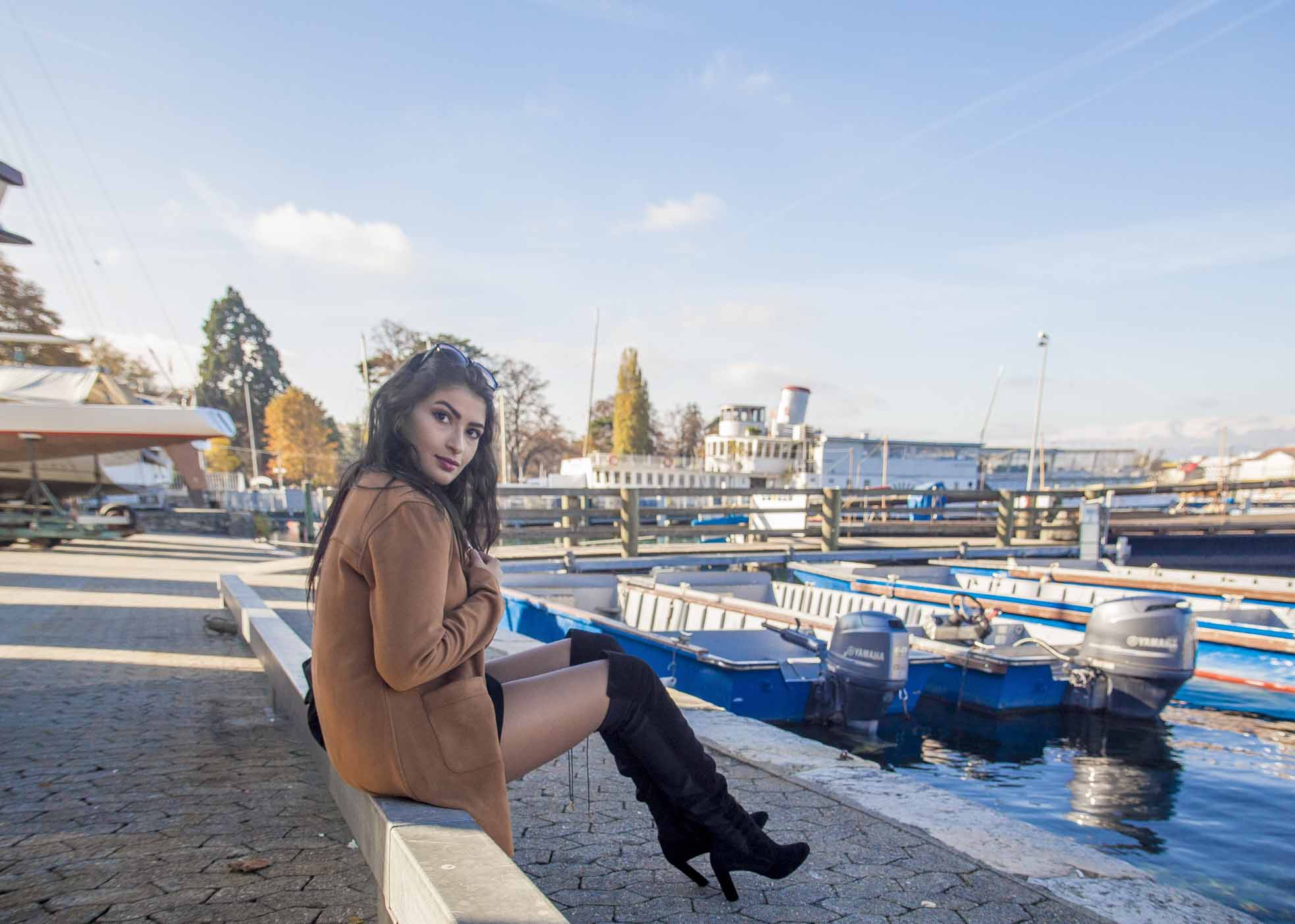 Geneva lake photo session in front on pier near bridge
